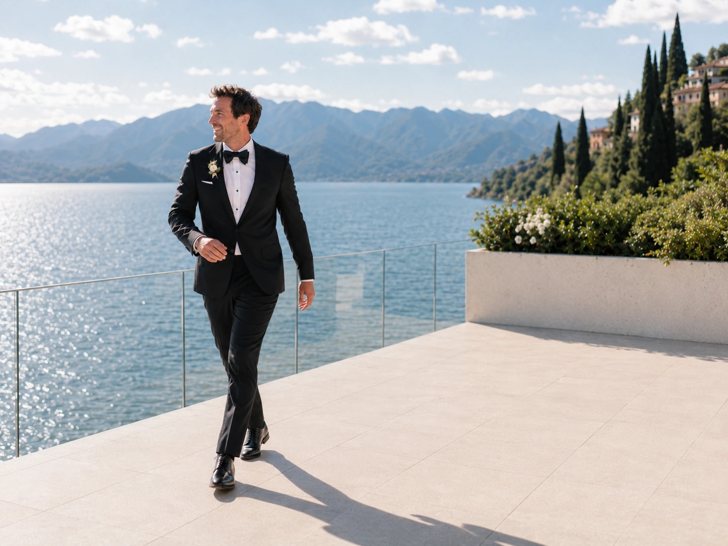 Portrait naturel du marié avec vue sur le Lac Léman avant la cérémonie