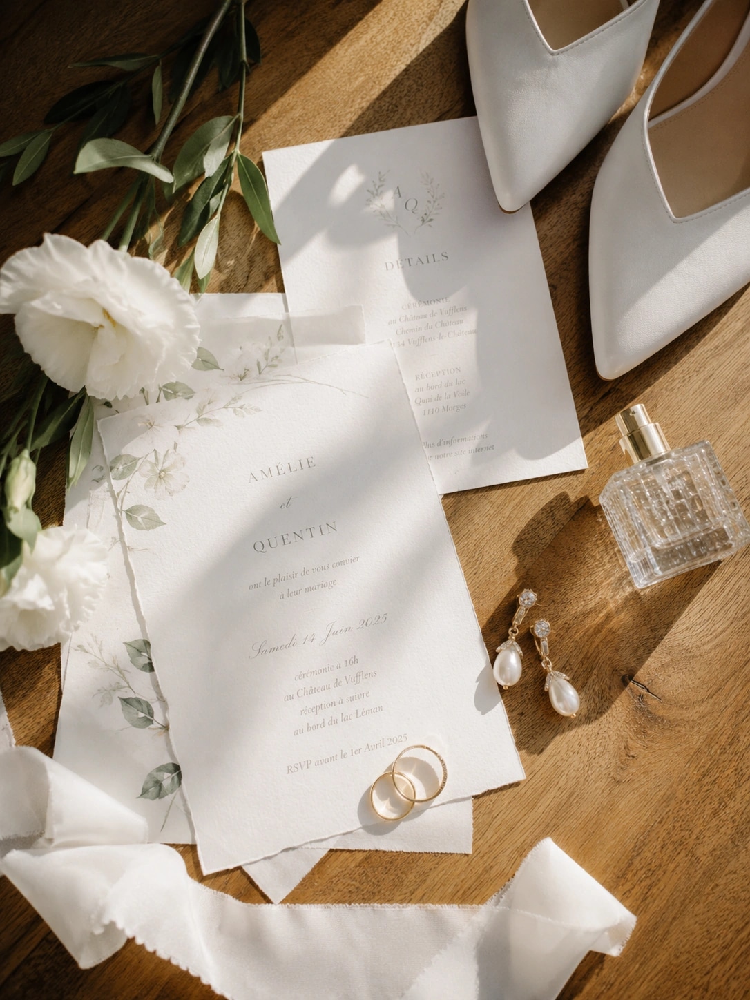Détails élégants d'un mariage en Suisse romande avec faire-part et accessoires