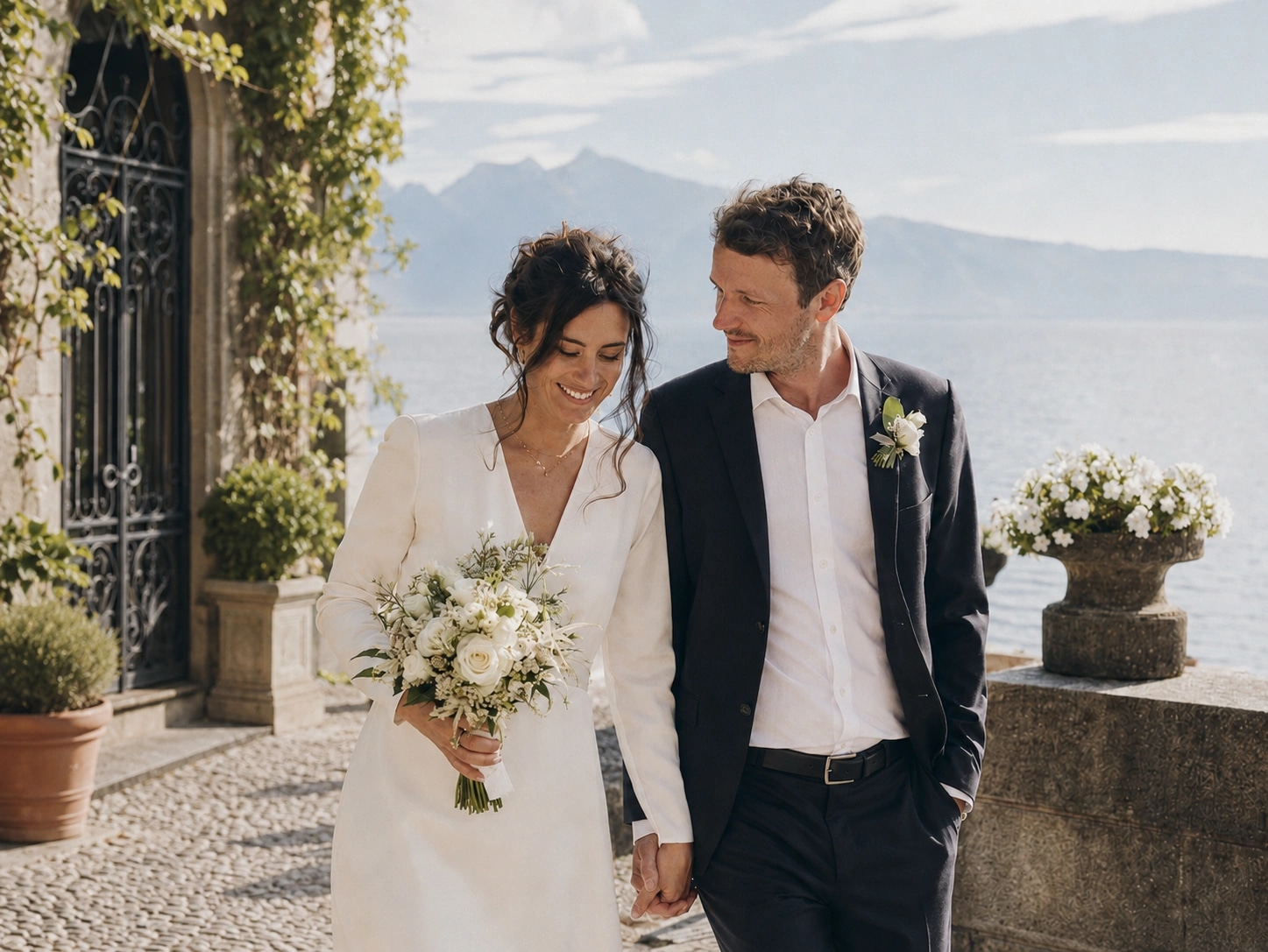 Couple de mariés élégant photographié au bord du Lac Léman