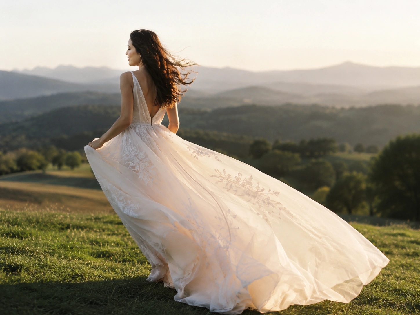 Portrait élégant de la mariée dans un décor naturel de campagne